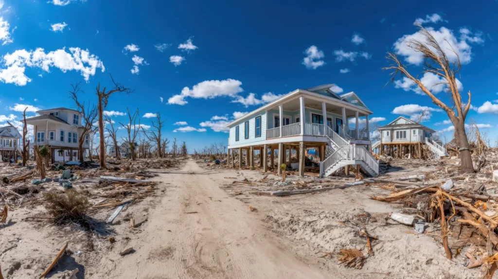 Elevated houses on stilts surrounded by debris and dead trees under a blue sky.