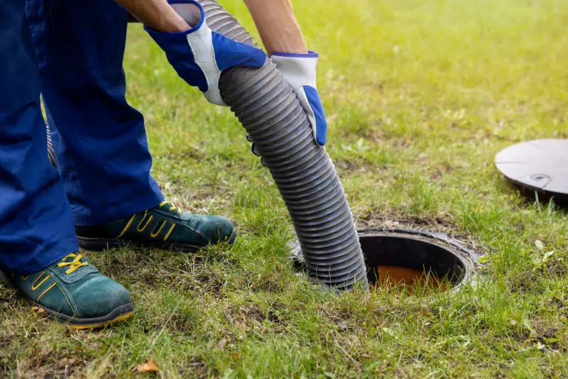 Person wearing gloves inserts a large hose into an open ground drain.