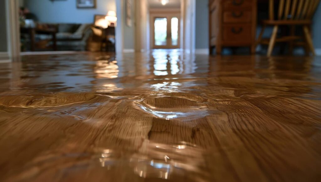 Water flooding a wooden floor inside a house hallway.