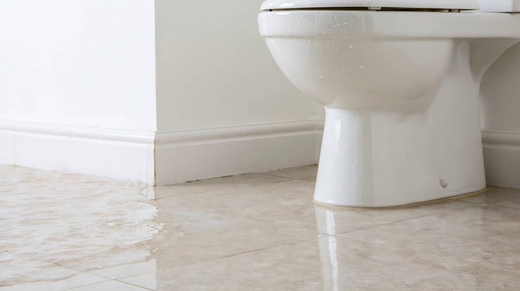 Water flooding a bathroom floor near the base of a white toilet.