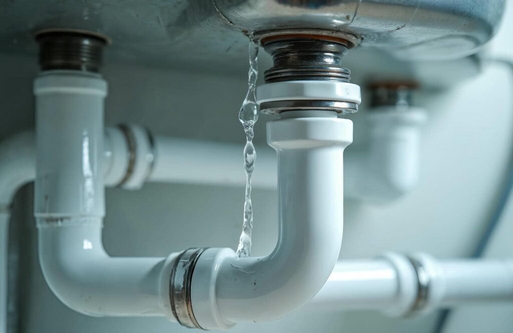 Water leaking from a white pipe joint under a sink.
