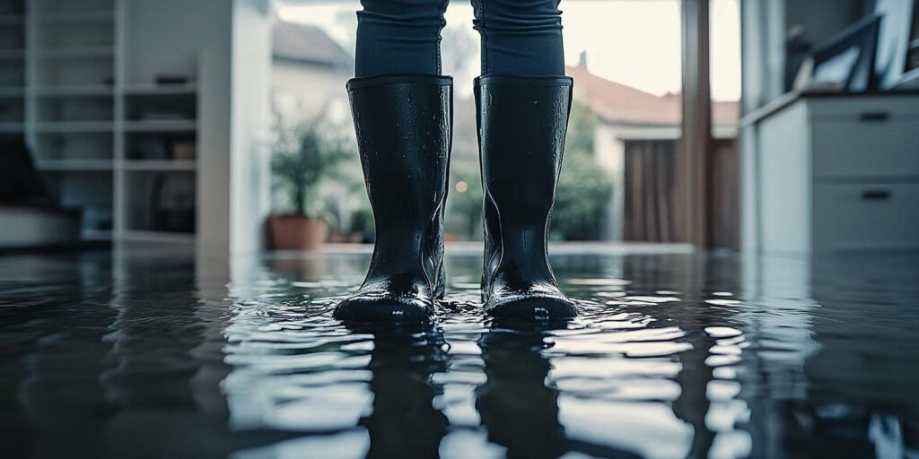 Person wearing black rain boots standing in a flooded indoor space with water covering the floor.