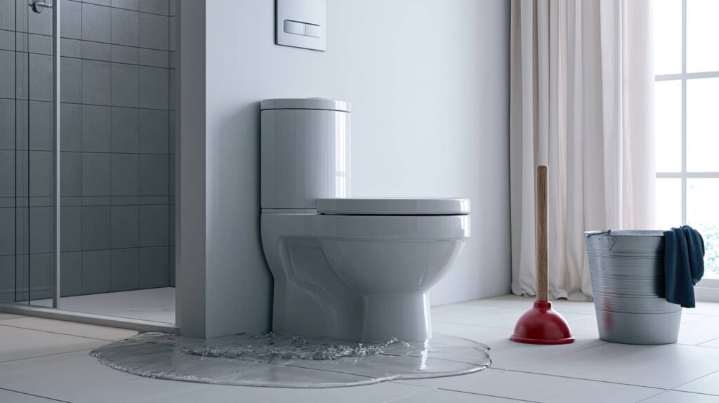 Toilet overflowing with water pooling on the bathroom floor next to a plunger and metal bucket.