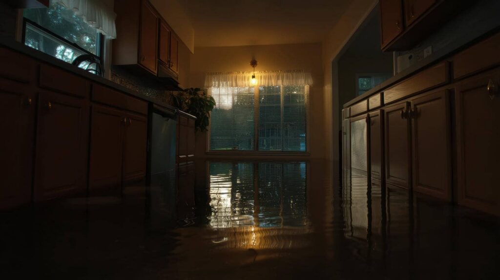 Flooded kitchen with water reflecting window and light fixture at dusk or dawn.