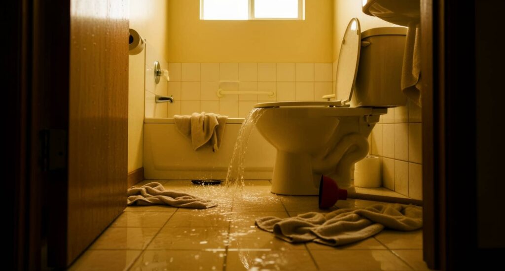 Toilet overflowing with water flooding the bathroom floor, towels and plunger nearby.