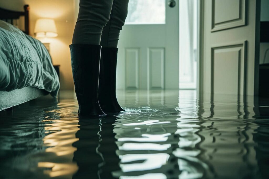 Person wearing black boots standing in a flooded bedroom with water covering the floor.