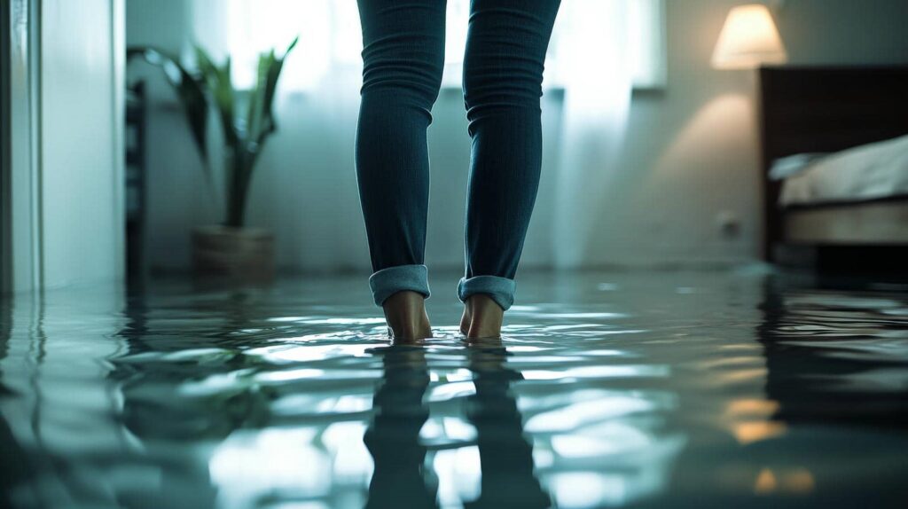 Person standing barefoot in ankle-deep water inside a flooded room.