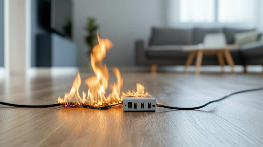 Power strip on fire on a wooden floor in a living room.