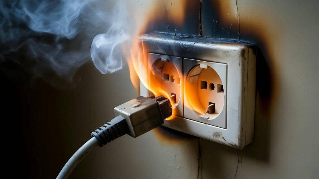 Electrical outlet with a plug on fire and smoke coming from it, causing burn marks on the wall.