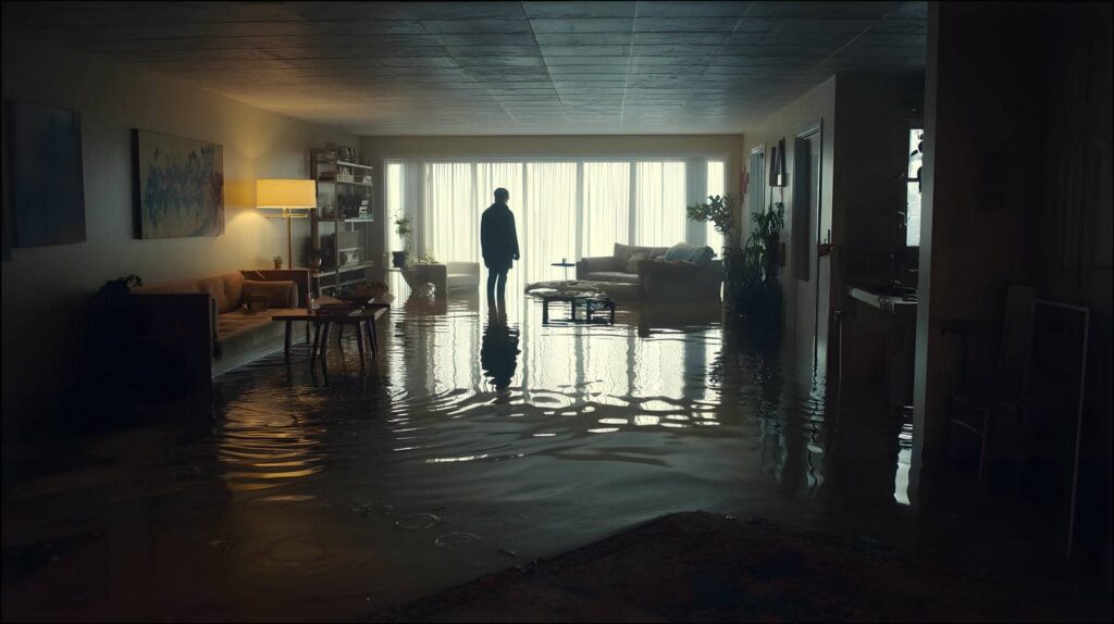 A person stands in a flooded living room with water covering the floor and furniture partially submerged.