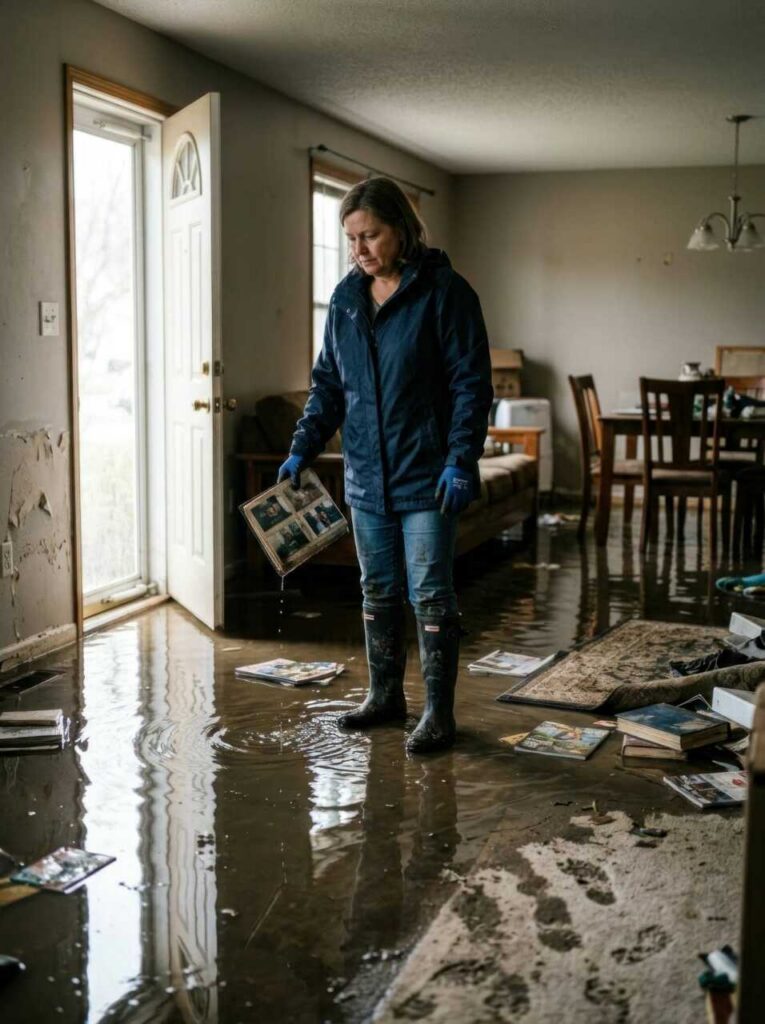 A woman in rain boots stands in a flooded living room holding a dripping photo album.