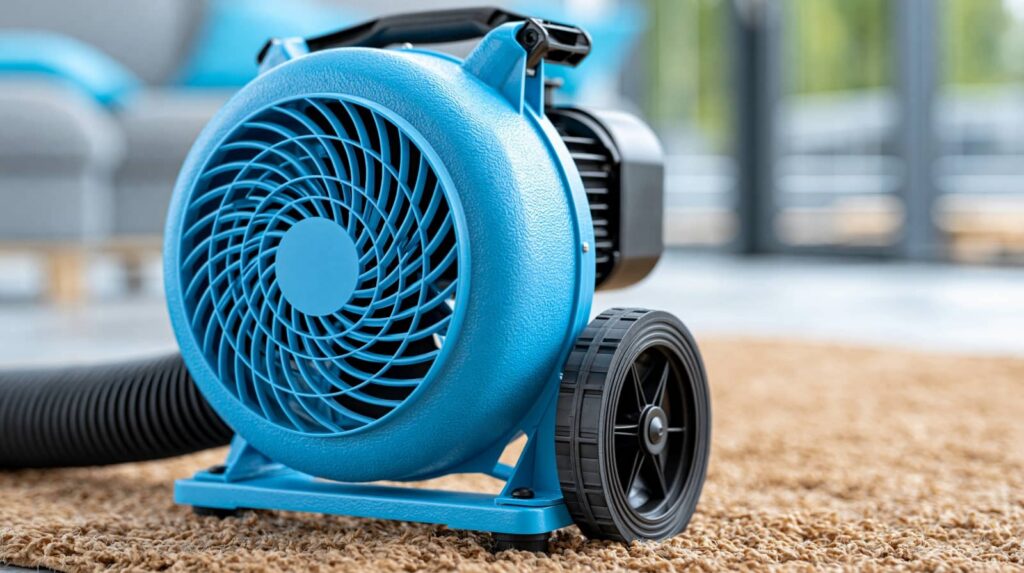 Blue portable air blower with black wheels on a carpeted floor indoors.