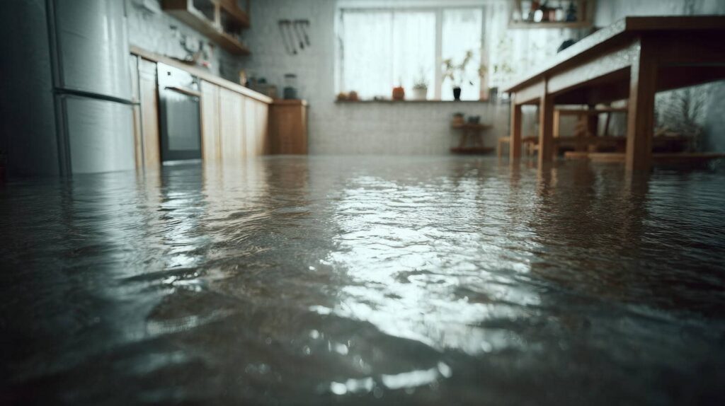 Flooded kitchen with water covering the floor up to the cabinets and table legs.