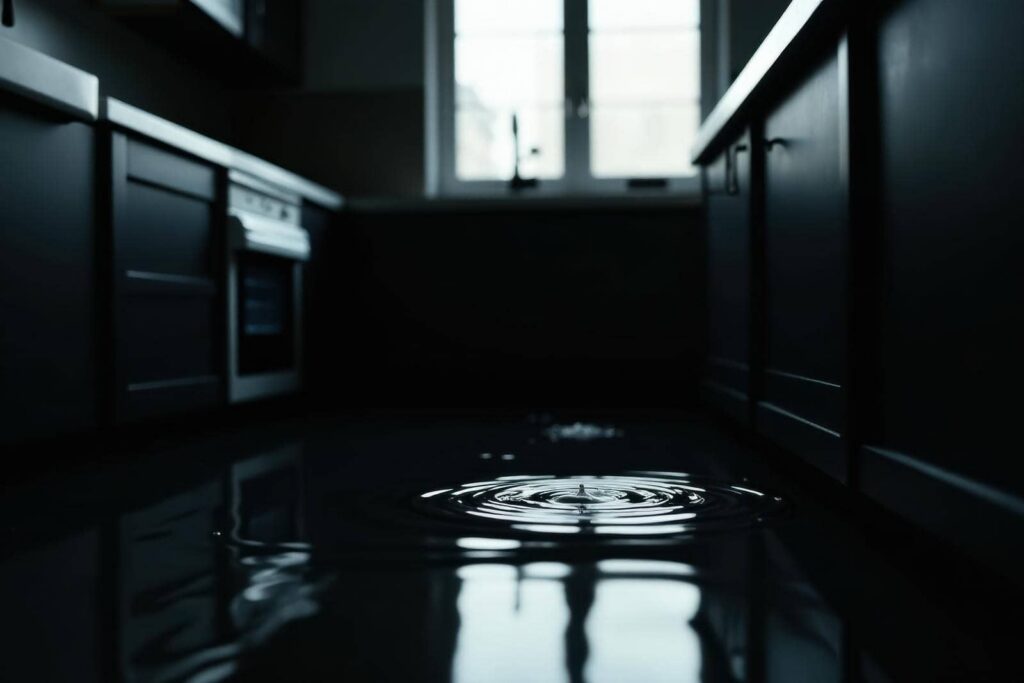 Water pooling on a dark kitchen floor with ripples from a drop near a window.
