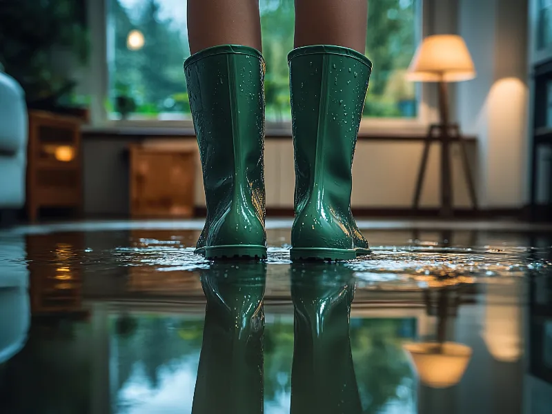 Person wearing green rain boots standing in a puddle inside a room with a lamp in the background.
