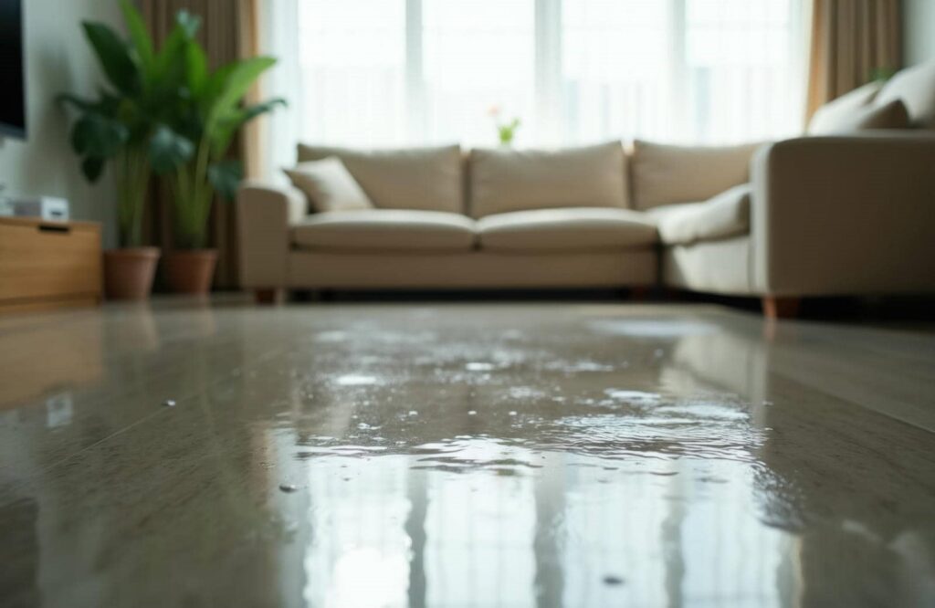 Water spilled on a living room floor in front of a beige sofa.