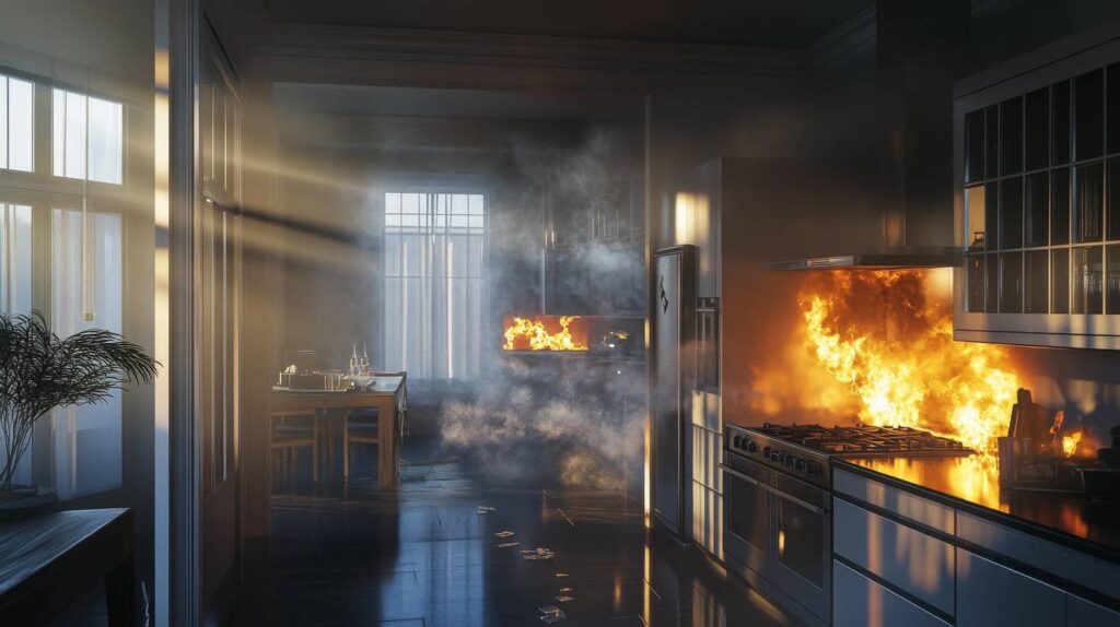 Kitchen stove and oven engulfed in flames with smoke filling the room.