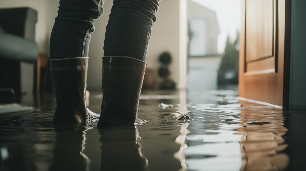 Person wearing boots standing in a flooded room with water covering the floor.