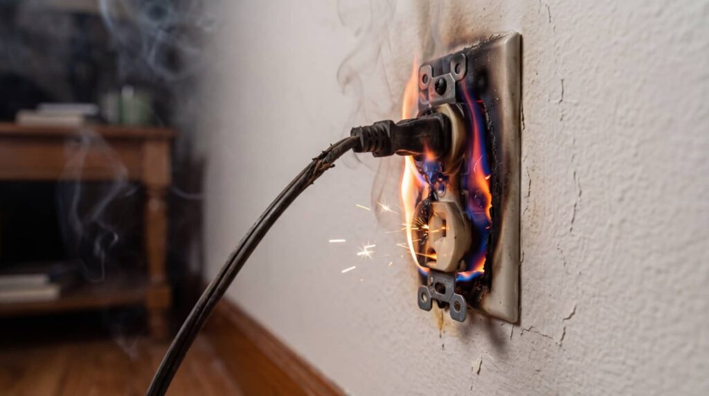 Electrical outlet with a burning plug and sparks, causing a fire on the wall.