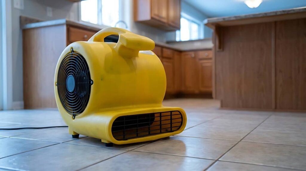 Yellow air blower fan on tiled kitchen floor near wooden cabinets.
