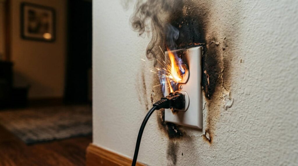 Electrical outlet on fire with sparks and smoke, causing burn marks on the wall.