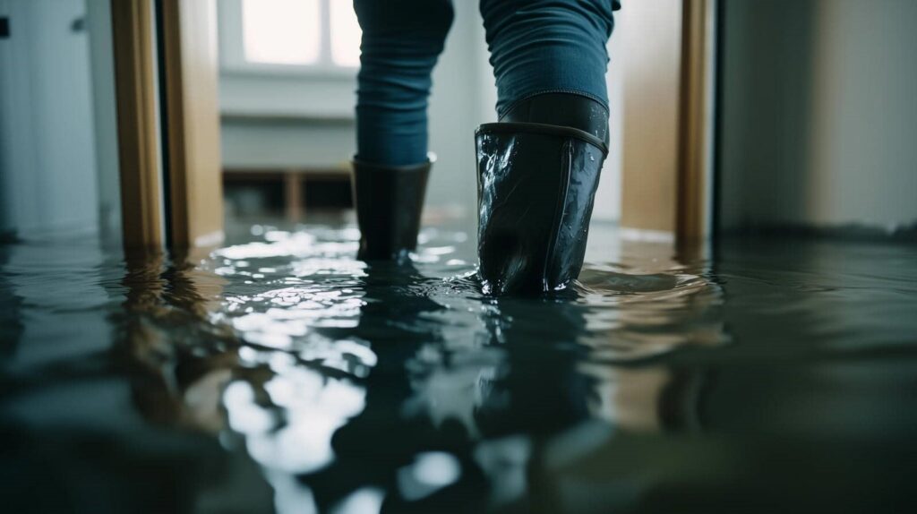 Person wearing black rubber boots standing in ankle-deep floodwater inside a building.