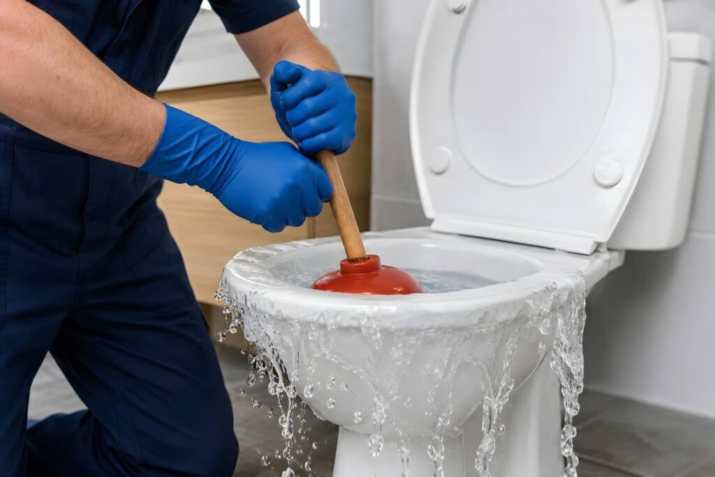 Person wearing blue gloves plunging an overflowing toilet with water spilling over the edges.