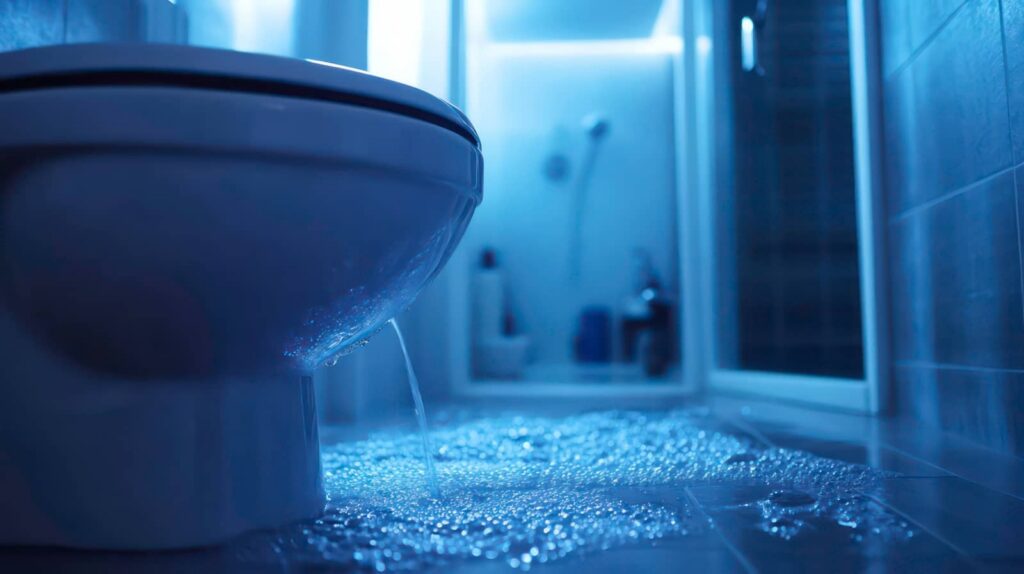Water leaking from a toilet onto a bathroom floor with a shower in the background.