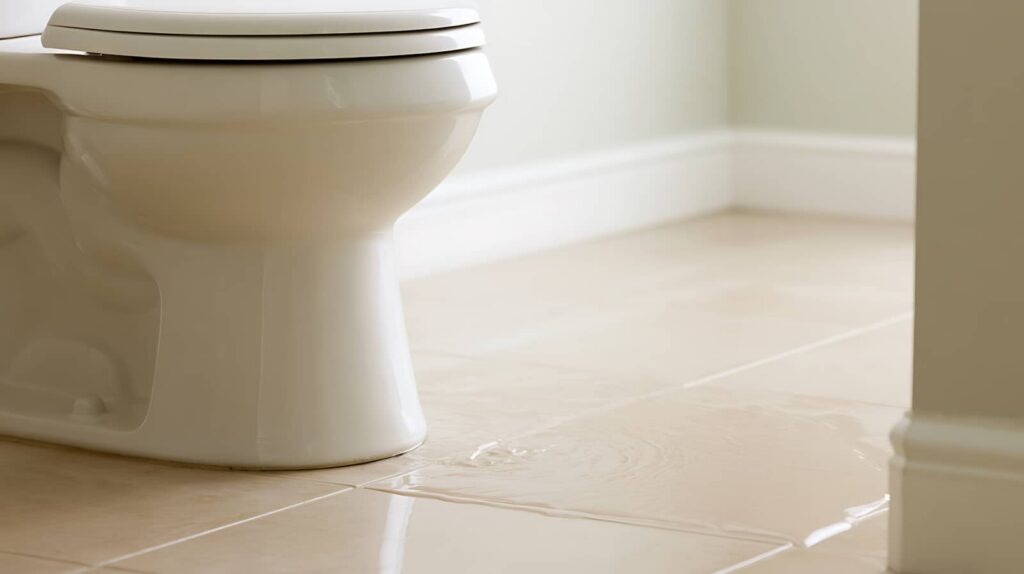 Water leaking and pooling on a tiled bathroom floor near the base of a toilet.