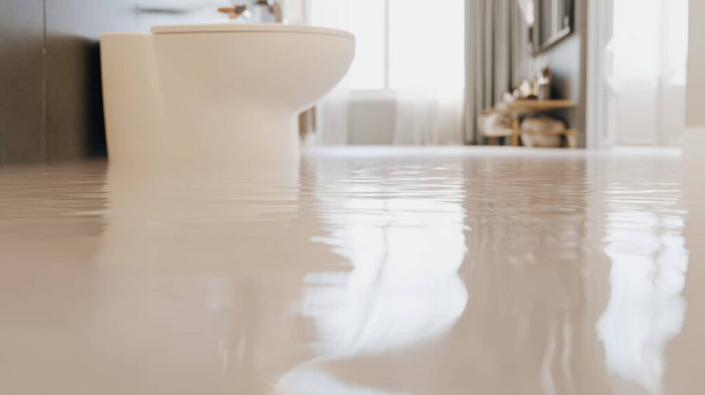 Flooded bathroom floor with water near a toilet.