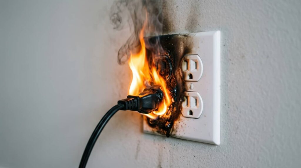 Electrical outlet with a burning plug and black smoke on a wall.