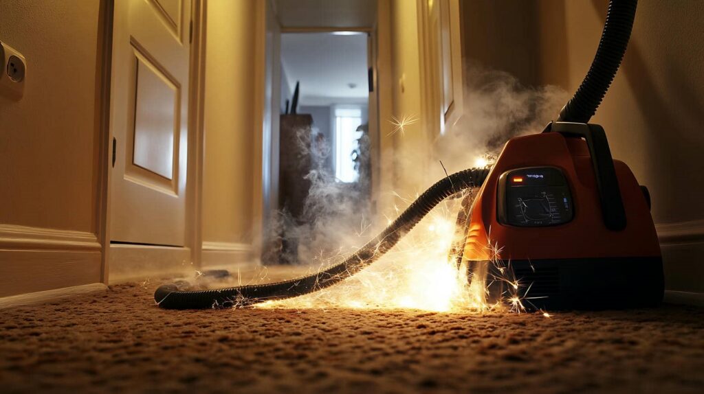 Vacuum cleaner sparking and emitting smoke on a carpeted hallway floor.