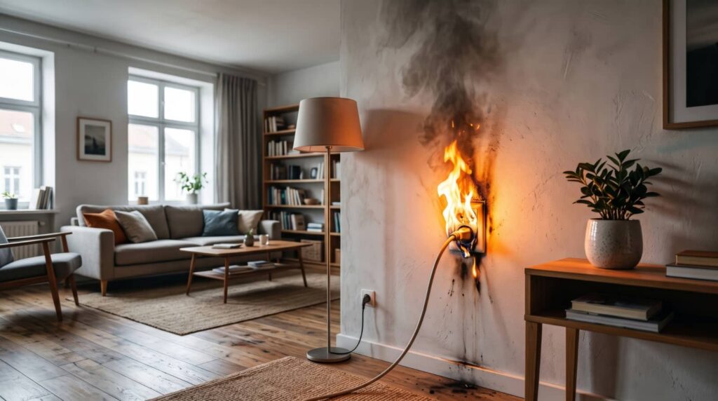 Electrical outlet on fire with smoke and burn marks on a living room wall.