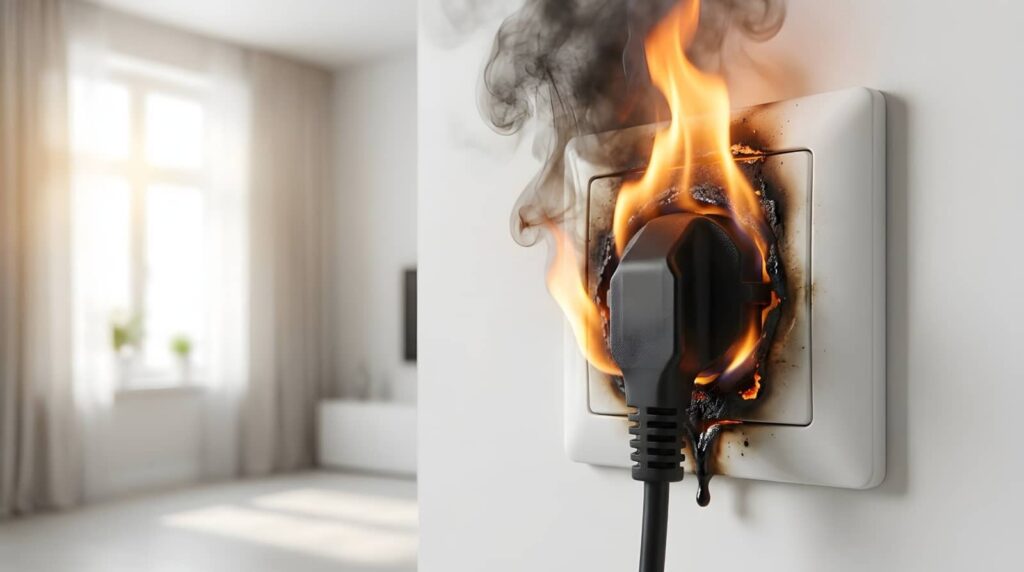 Electrical outlet with a black plug engulfed in flames and smoke on a white wall.