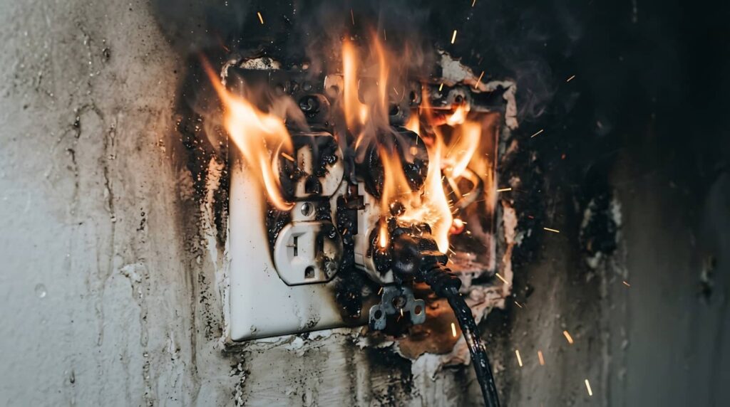 Electrical outlet on fire with visible flames and smoke damage on the wall.