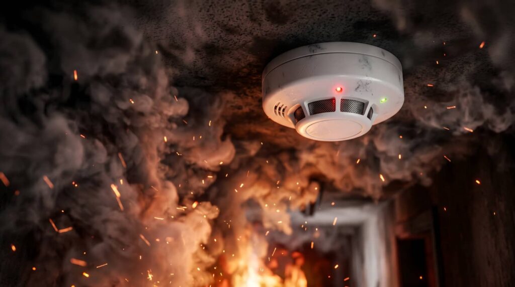 Smoke detector on ceiling with smoke and sparks from a fire below.