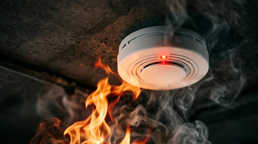 Smoke detector on ceiling with flames and smoke nearby.