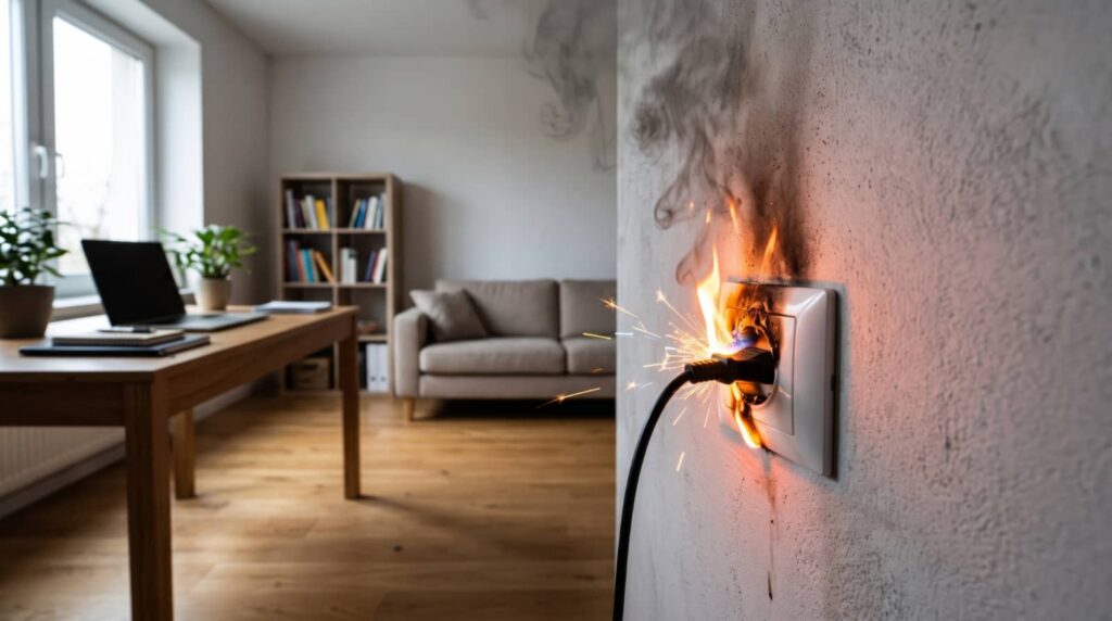 Electrical outlet sparking and catching fire on a wall in a living room.
