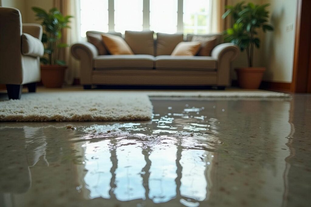 Water flooding a living room floor near a sofa and armchair with potted plants in the background.