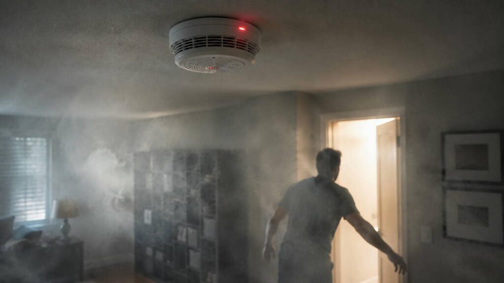 Smoke-filled room with a man opening a door and a smoke detector flashing red on the ceiling.