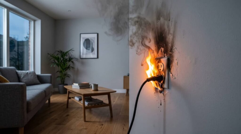 Electrical outlet on fire with smoke and burn marks on a living room wall.