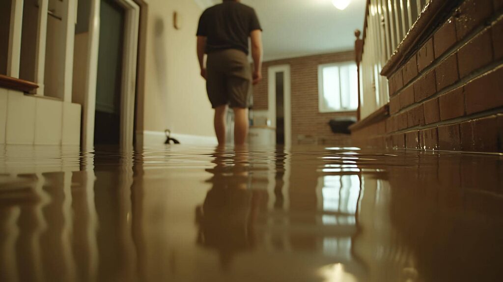 Person standing in a flooded indoor hallway with water reaching mid-calf level.