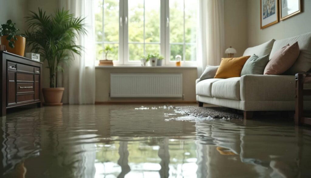 Living room with water flooding the floor near a sofa and furniture.