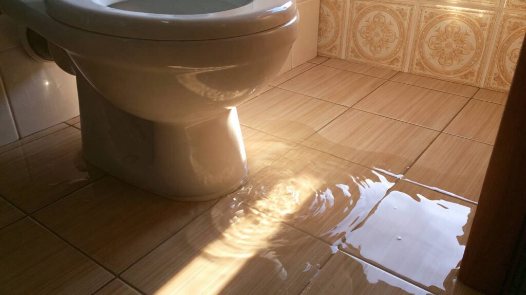 Water leaking and pooling on a tiled bathroom floor around the base of a toilet.