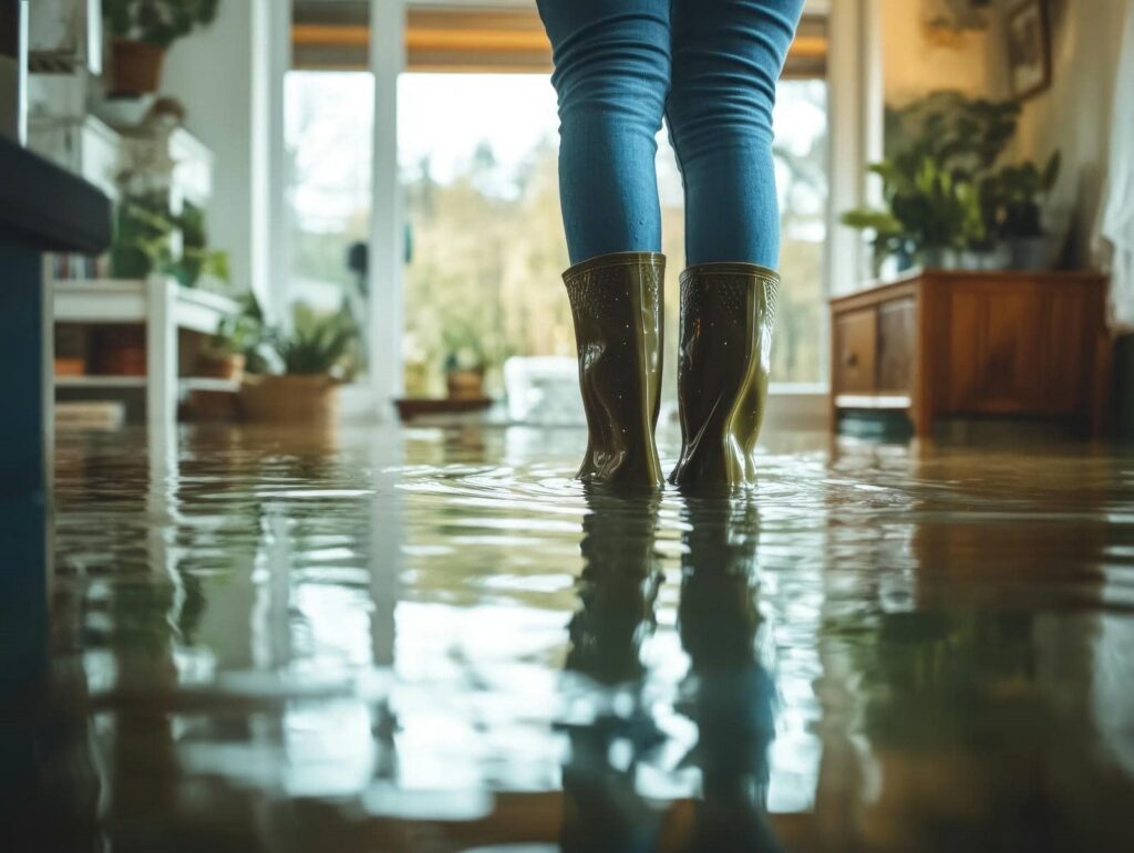 Person wearing green rain boots standing in a flooded room with water covering the floor.