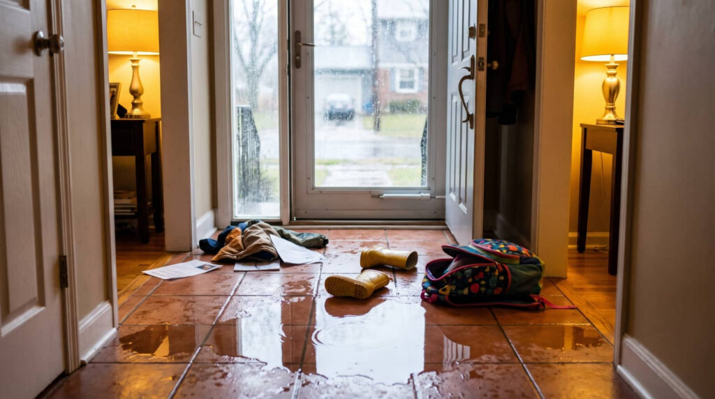 Flooded entryway with water on the tile floor and scattered shoes and backpack.