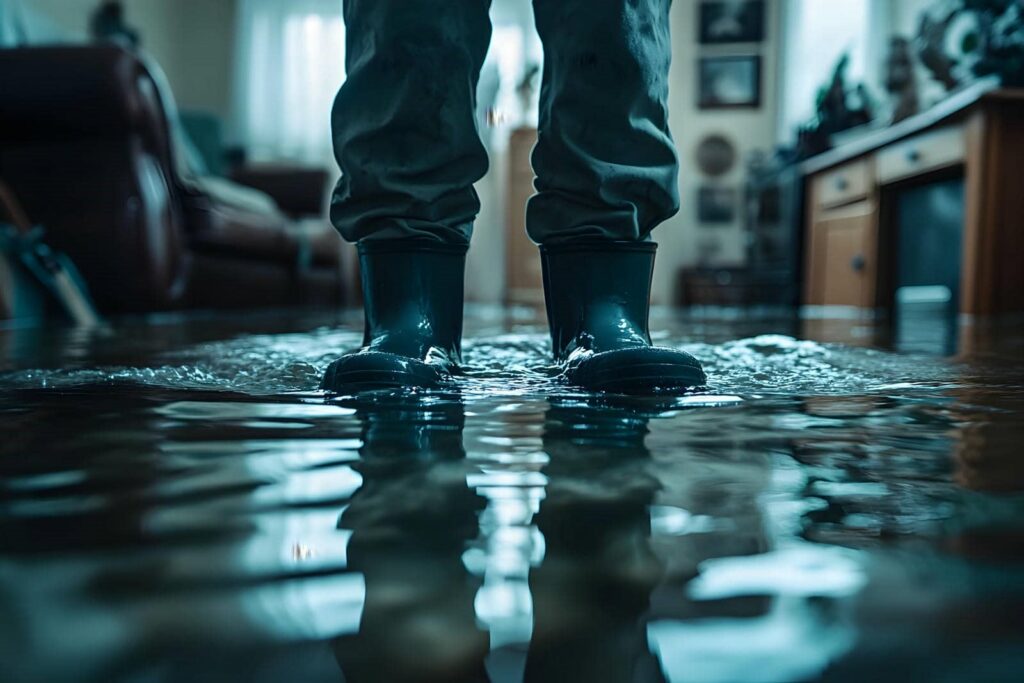 Person wearing rain boots standing in a flooded room with water covering the floor.