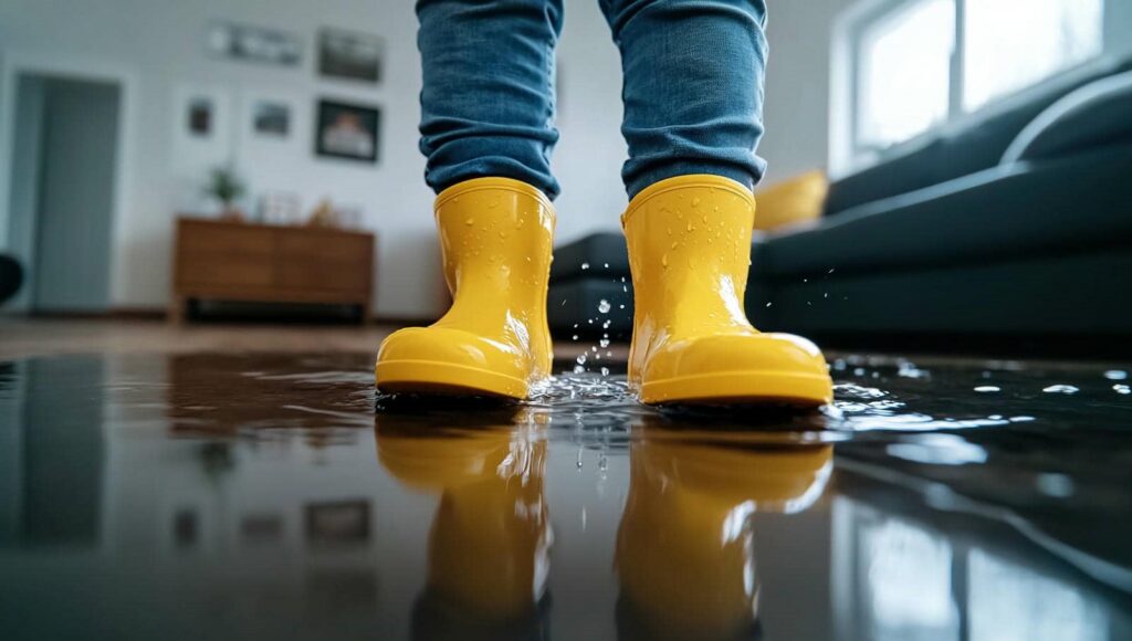 Child wearing yellow rain boots splashing in a puddle inside a flooded room.