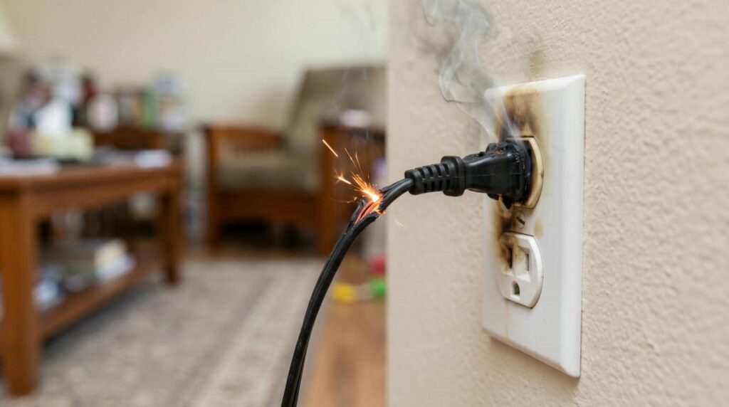 Sparking and smoking electrical plug with burnt outlet on a wall in a living room.