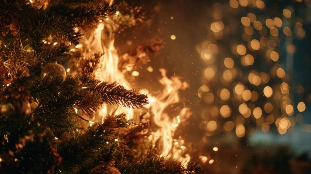 Christmas tree branches with ornaments burning in flames and blurred holiday lights in the background.
